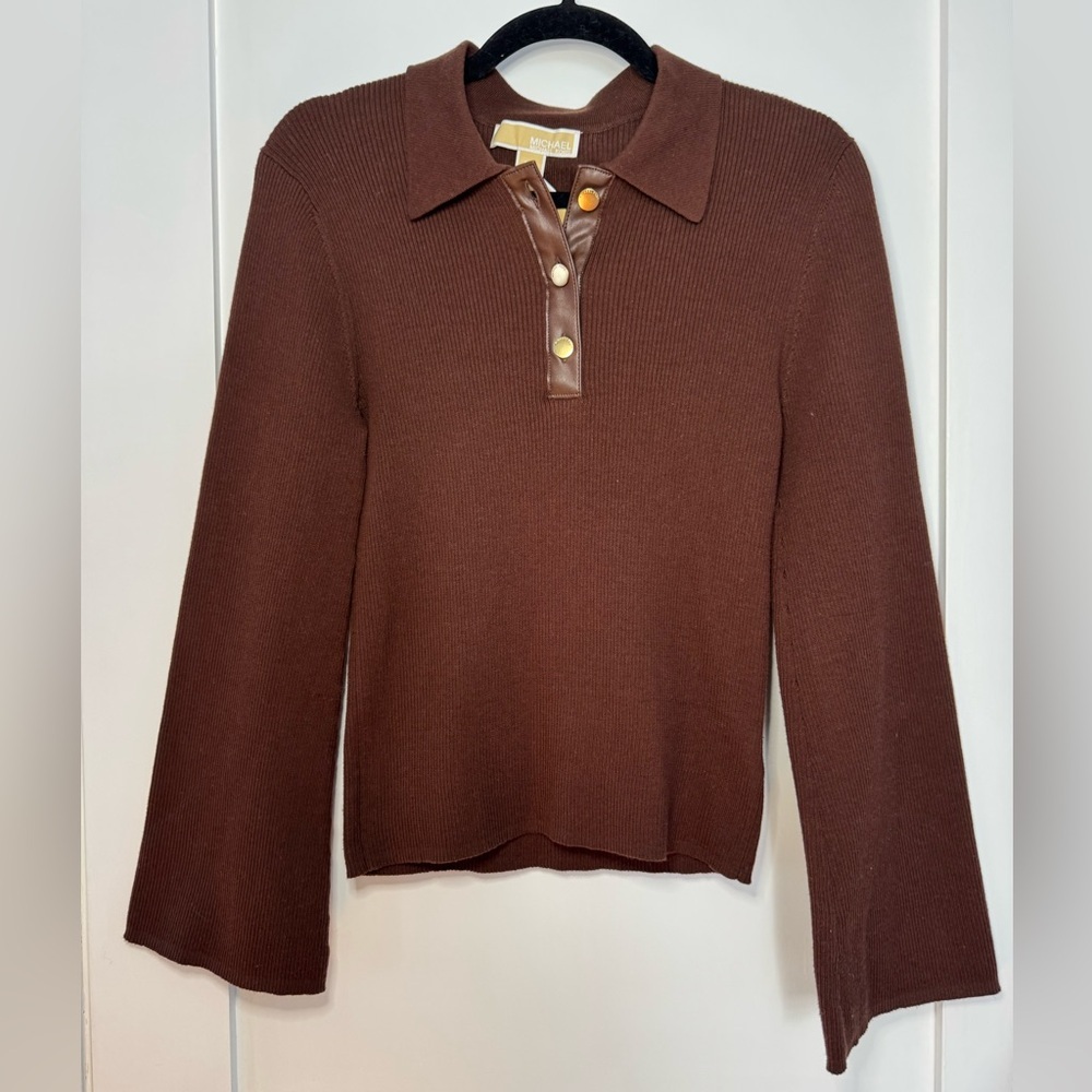 NWT MICHAEL Michael Kors Brown V-Neck Sweater with leather like detail.